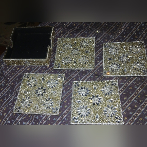 Beaded Coasters Set Beekman Rhinestone Crystals Silver